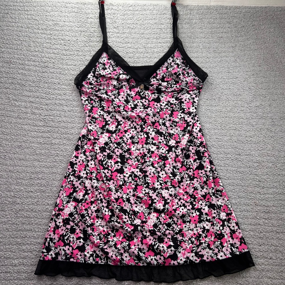 Jessica Simpson Floral Chemise Pink Black Mesh Slip Medium Coquette Y2K Dainty